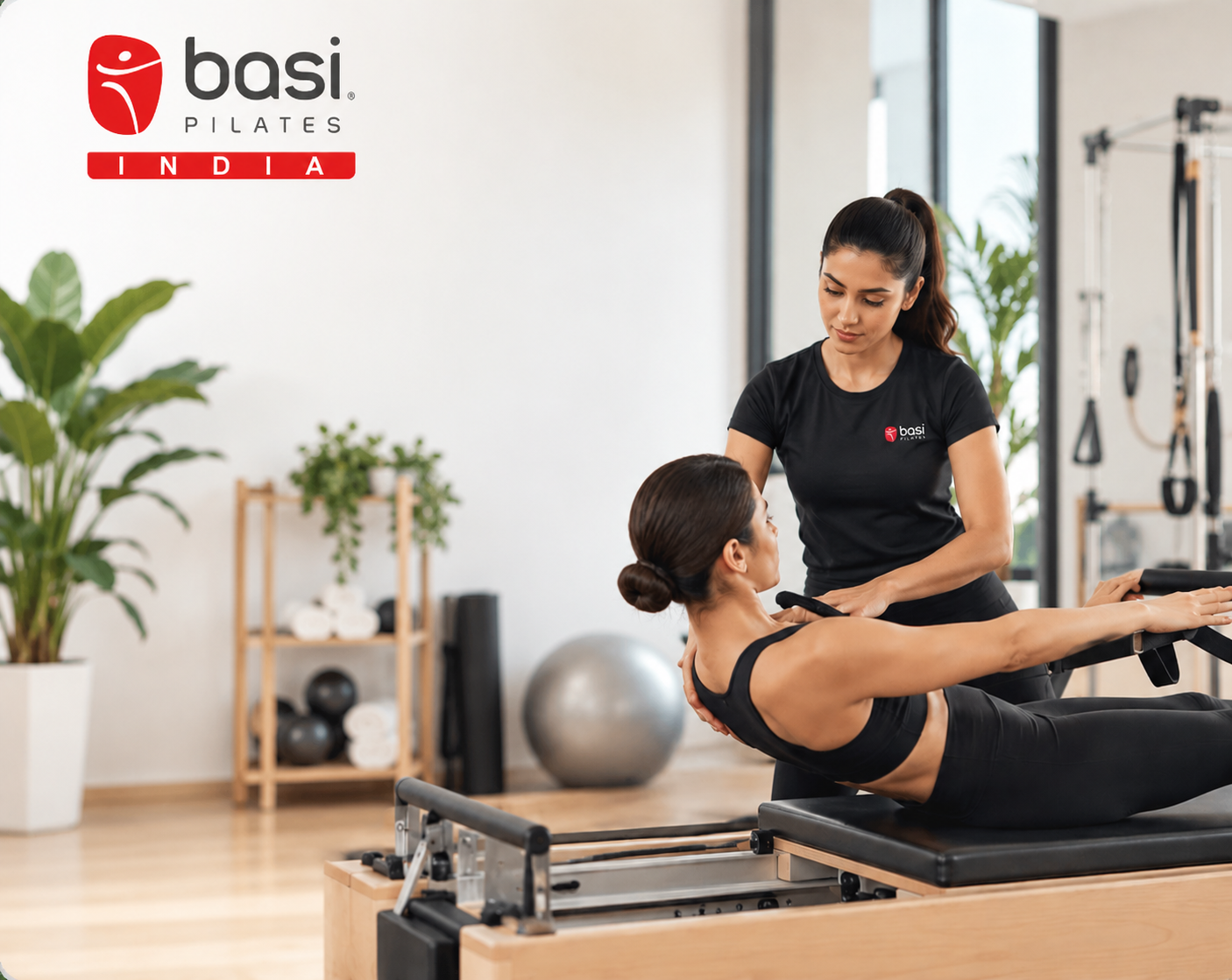 Student teacher practicing cueing and adjustment on a Reformer during a BASI Pilates instructor training course in India