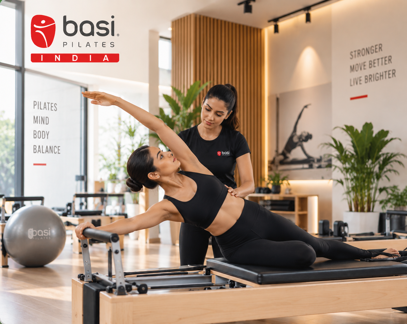Modern boutique Pilates studio franchise setup with Reformers in an Indian urban center
