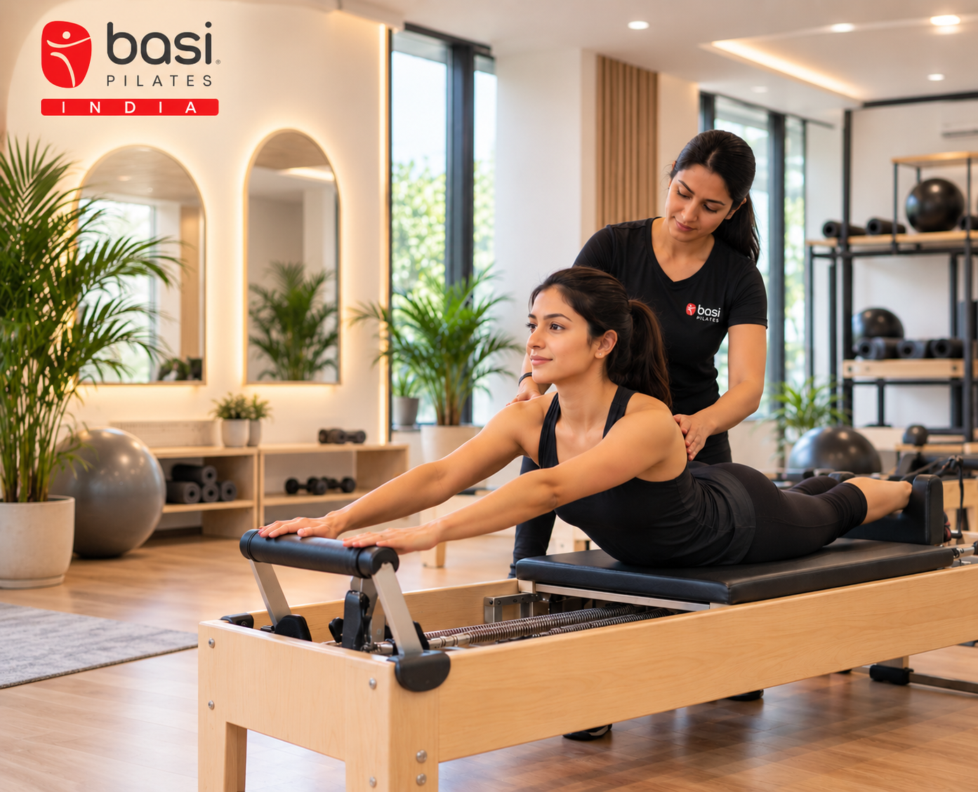 Certified instructor guiding client on Reformer Pilates apparatus during a trial session in Panipat