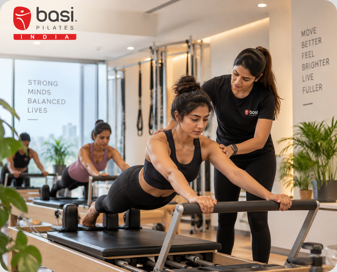 Image Alt Text:   Premium boutique Reformer Pilates studio in Lucknow with clients training