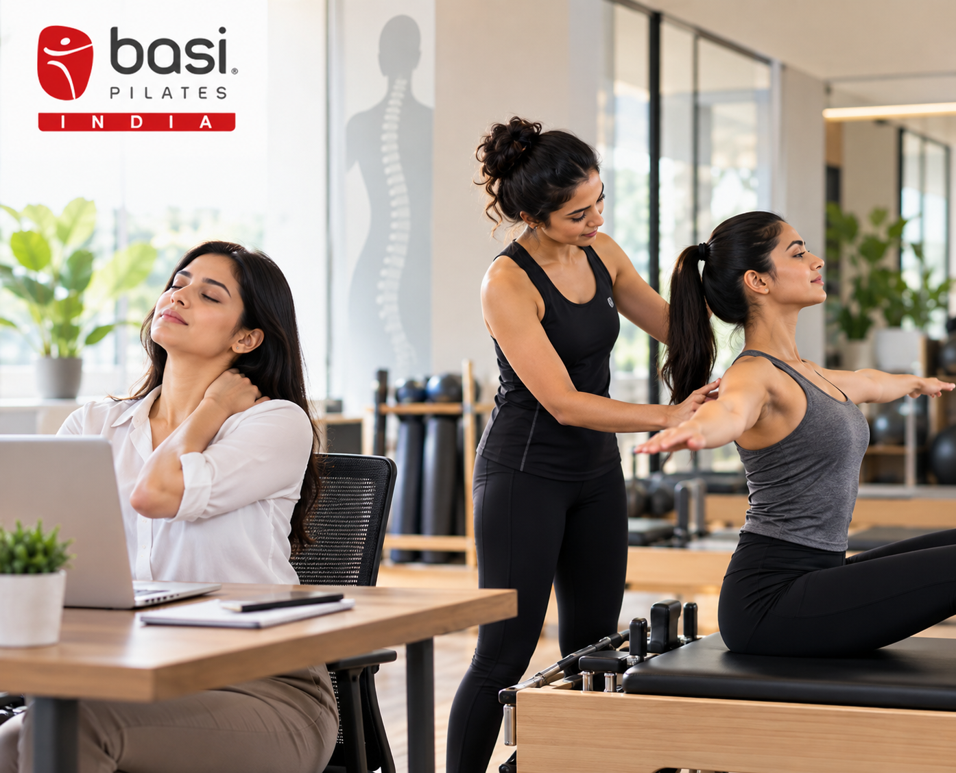 Professional practicing Pilates posture correction exercises to relieve neck and shoulder tension