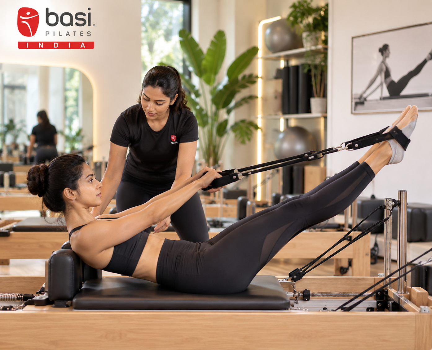 Reformer Pilates carriage and spring resistance mechanism for lean muscle training