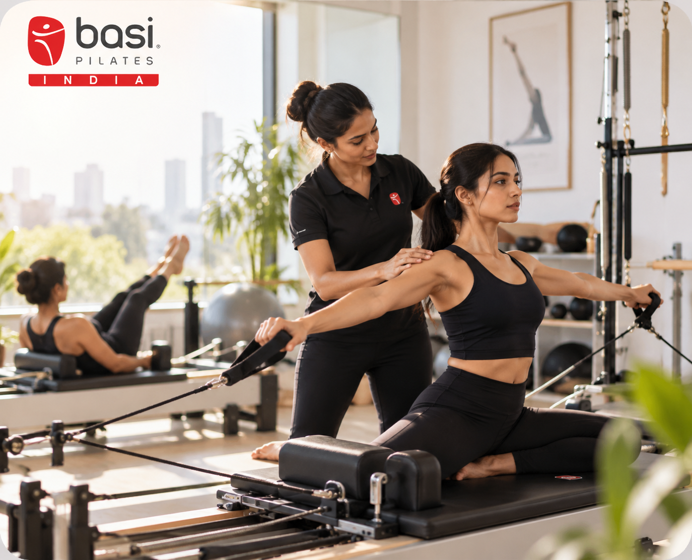 Pilates instructor conducting a session on a reformer in Indi